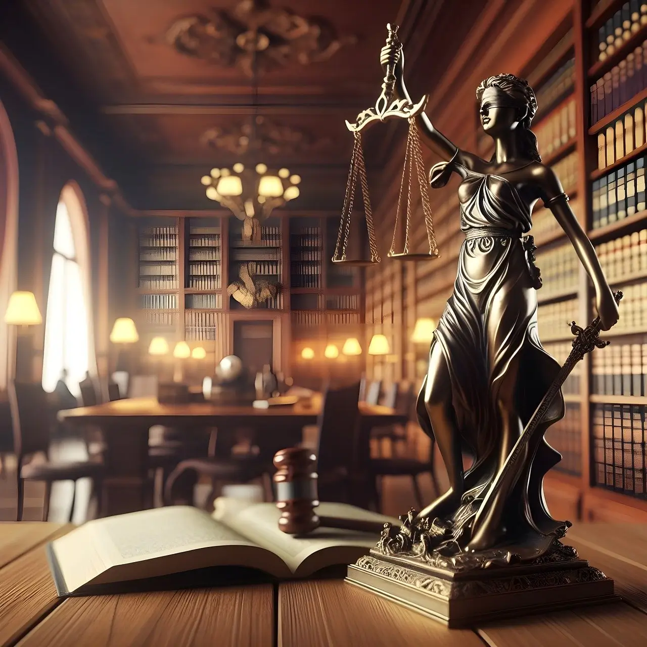 Lady Justice statue in a law library